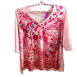 Roaman's Womens Pink Red & White Floral Print Short Sleeve Tunic Top Sz …